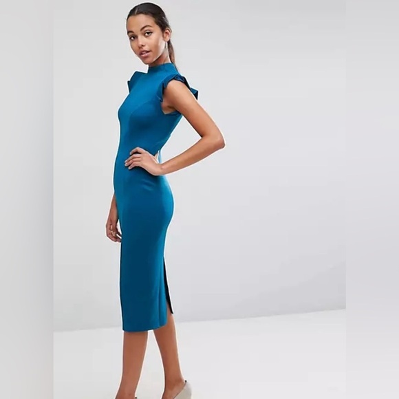 ASOS|Teal Midi high neck pencil dress with cut out back and shoulder detail••• - Picture 1 of 14